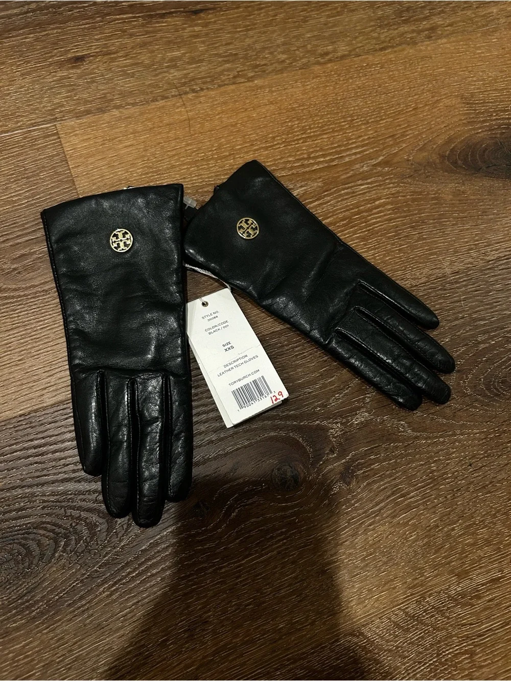 Tory Burch Black Leather Gloves with Gold Logo Medallion